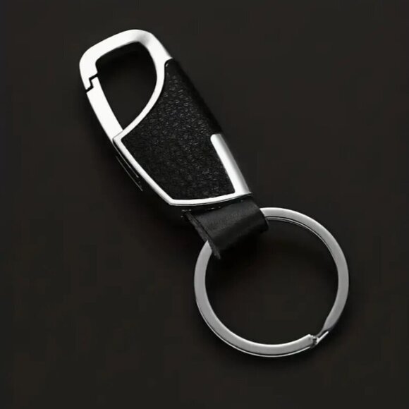 Carabiner Keychain PU Leather Pebble Black & Silver Metal Finish NWT - Picture 1 of 2